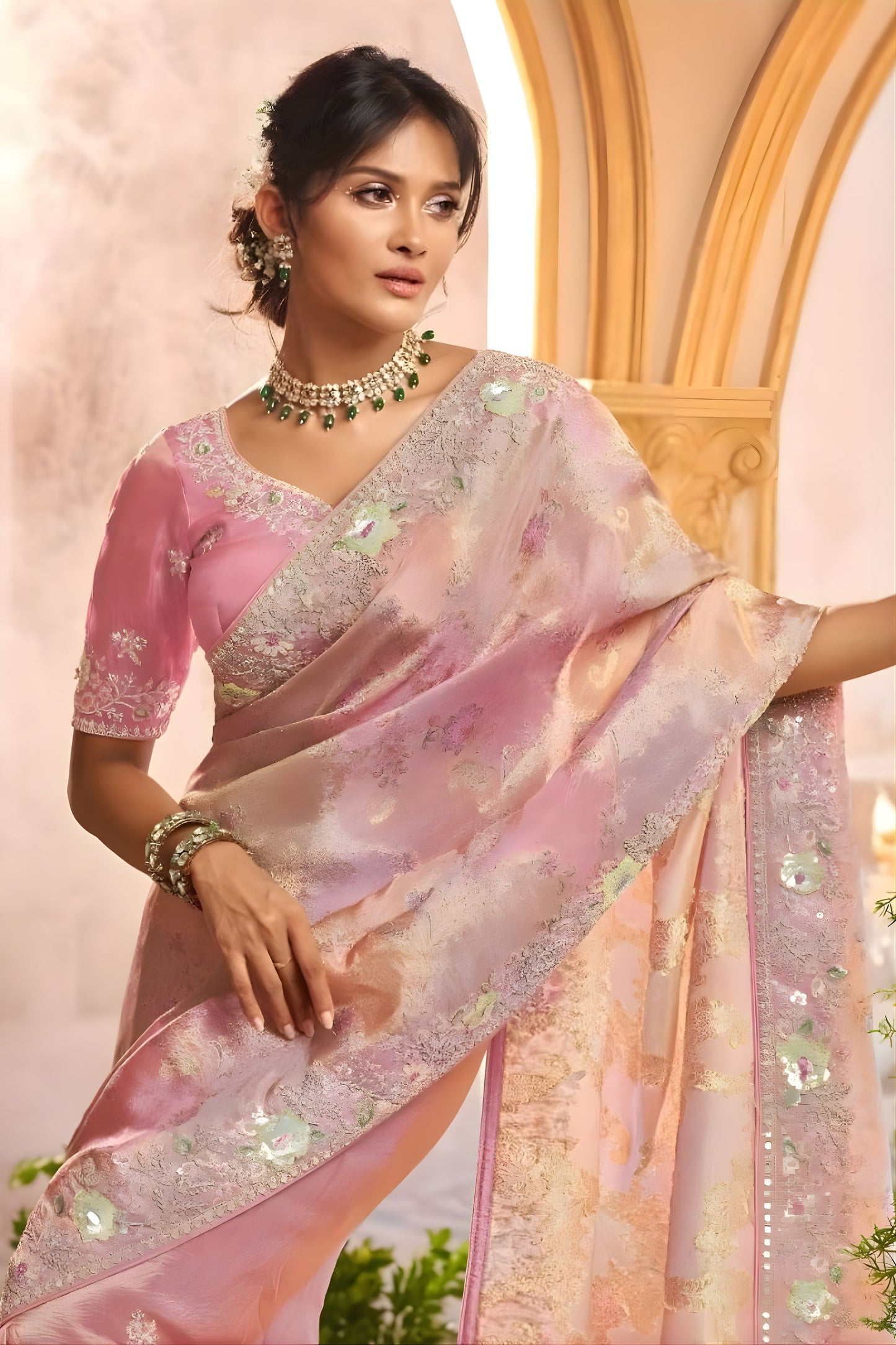 Blush Pink Silk Saree Shimmer Embroidered Border Designer Blouse