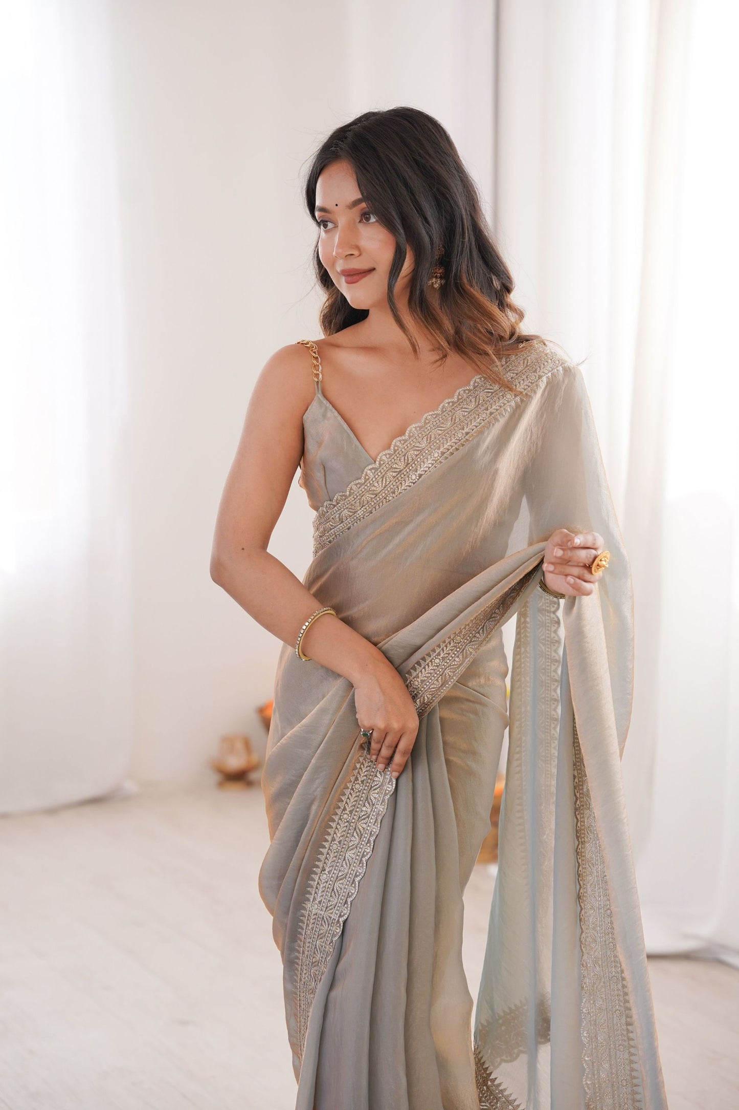 Champagne Gold Organza Saree Designer Embroidered Border