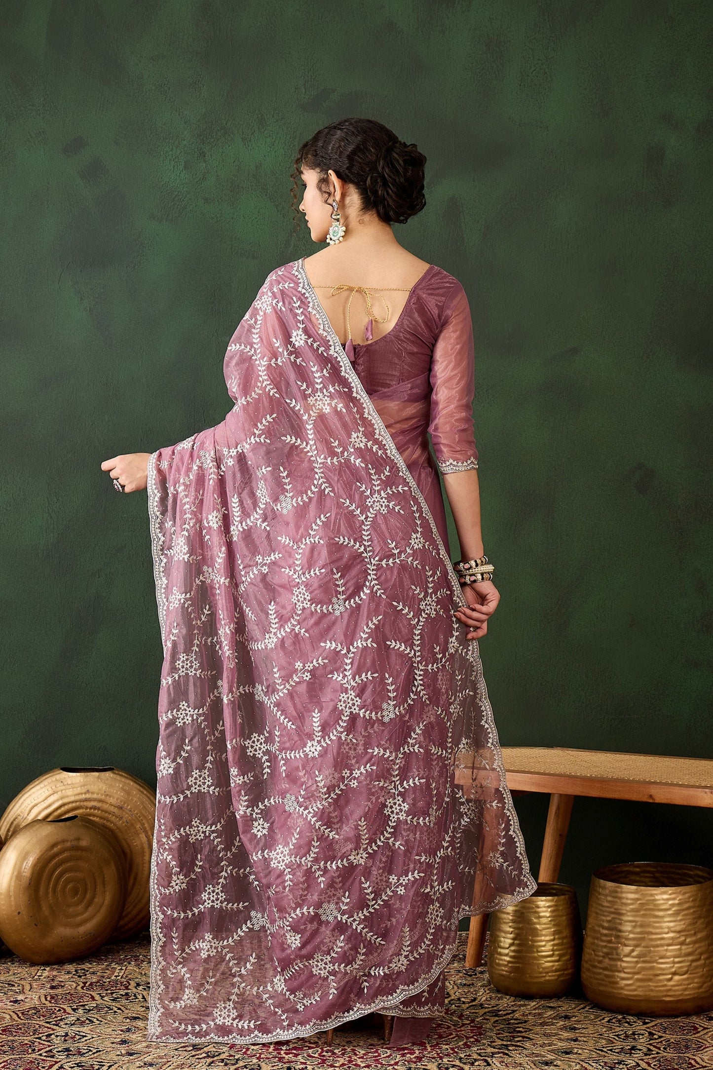 Mauve Embroidered Net Saree Thread Work Border Party Wear Saree