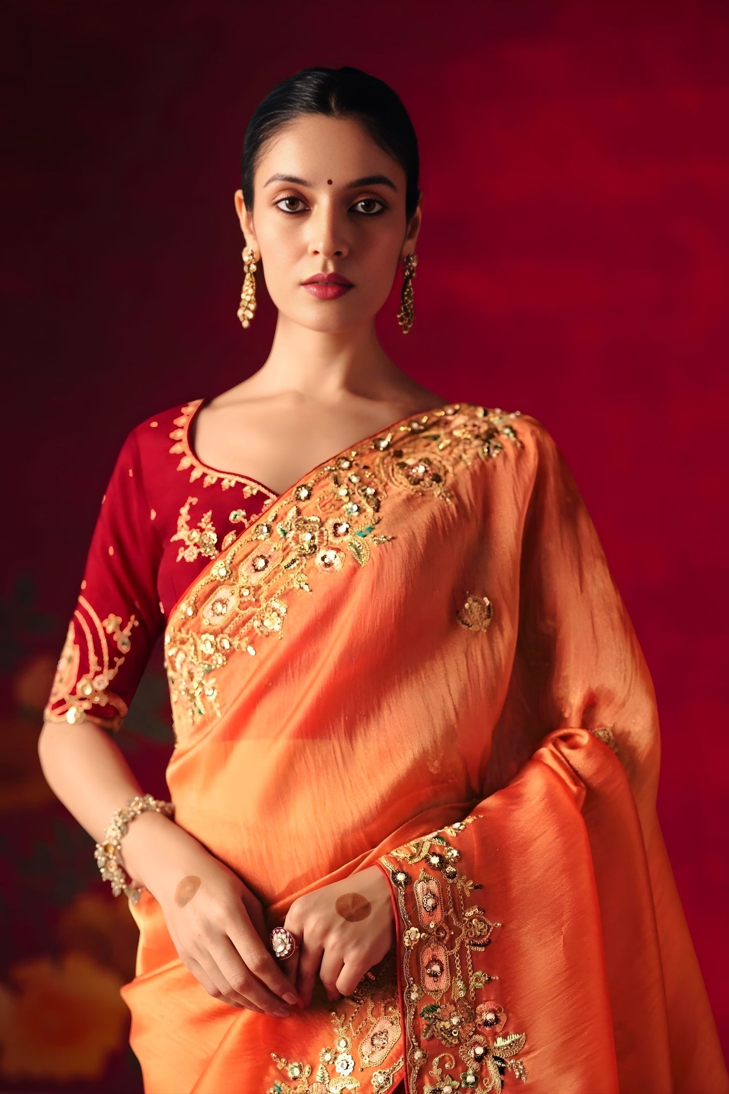 Orange Floral Embroidered Silk Saree with Contrast Maroon Blouse