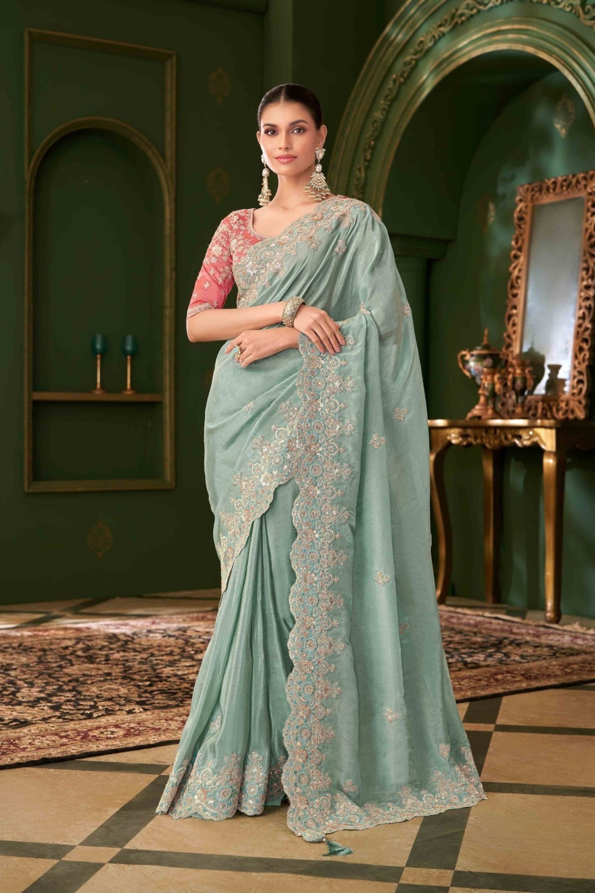 Mint Green Saree Pink Blouse Festive Wear