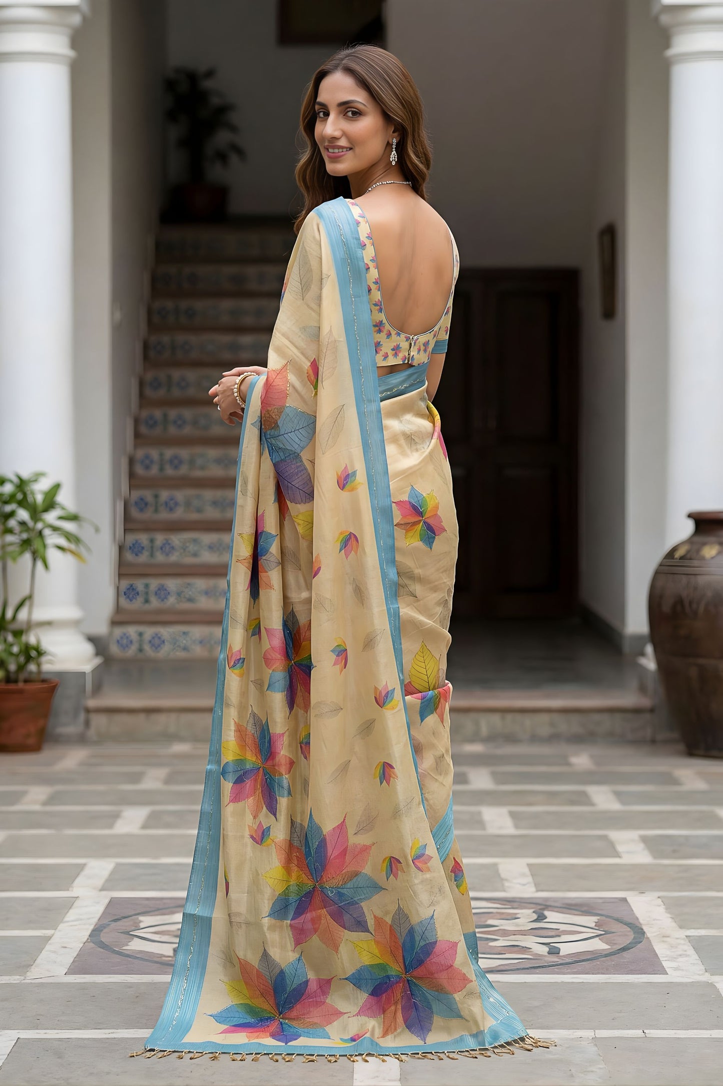 Beige Printed Linen Silk Saree with Multicolor Leaf Design
