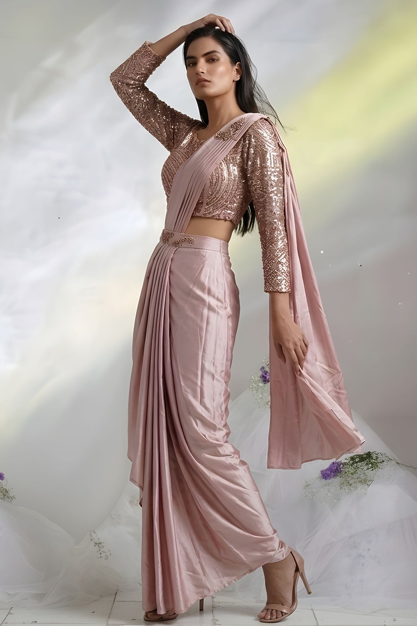 Blush Pink Ready to Wear Designer Saree Sequins Embroidered Blouse