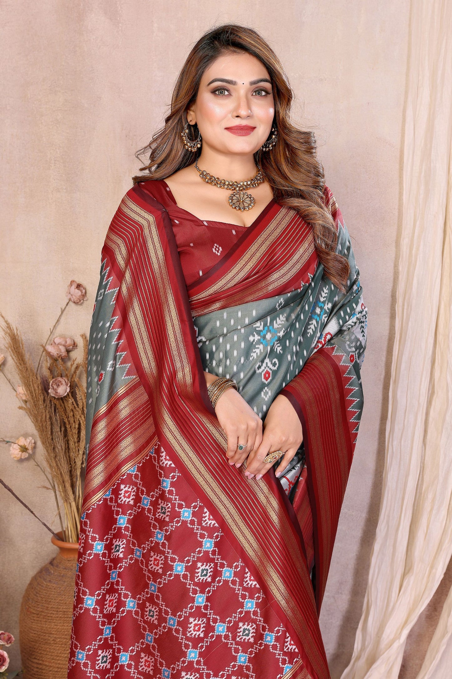 Grey And Maroon Ikat Silk Saree with Traditional Weaving Saree