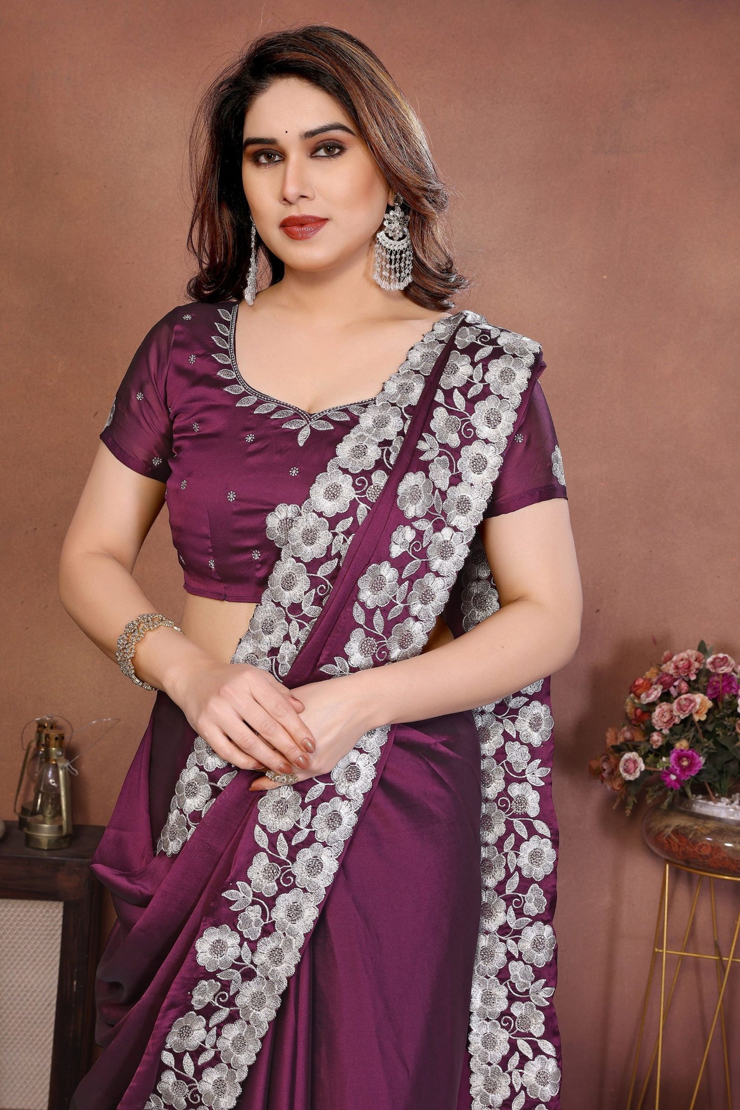 Wine Purple Satin Silk Saree Heavy Floral Embroidered Border Designer Blouse