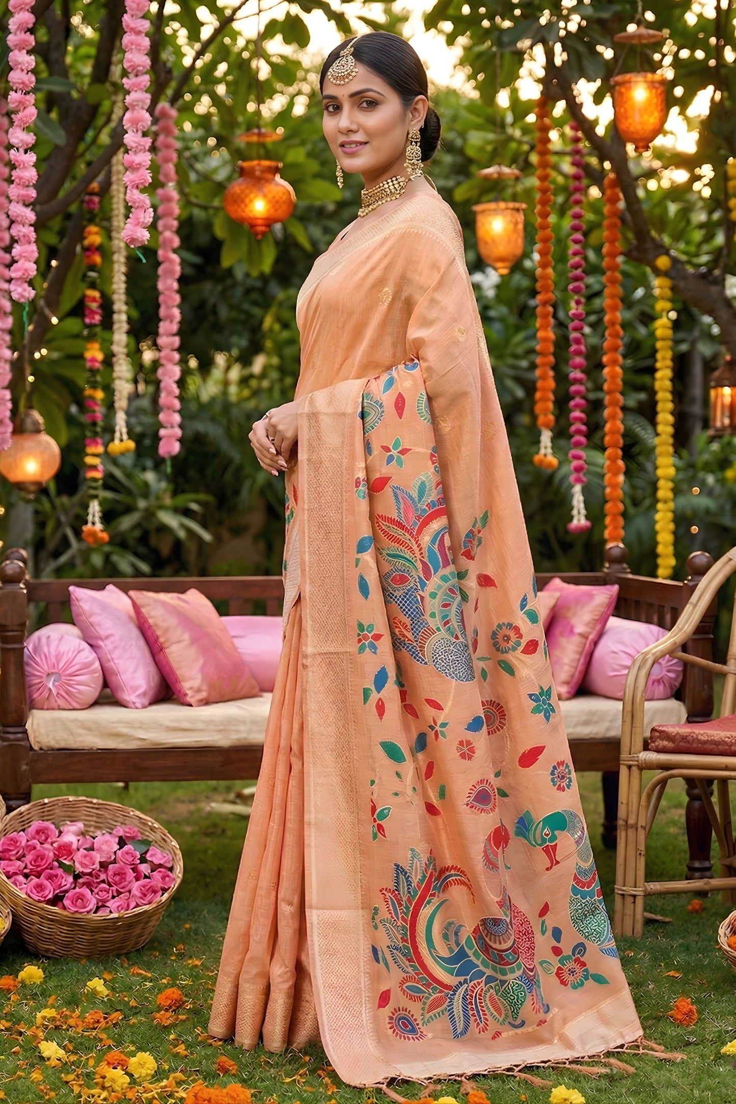 Peach Linen Silk Saree Multicolor Peacock Floral Print Zari Border