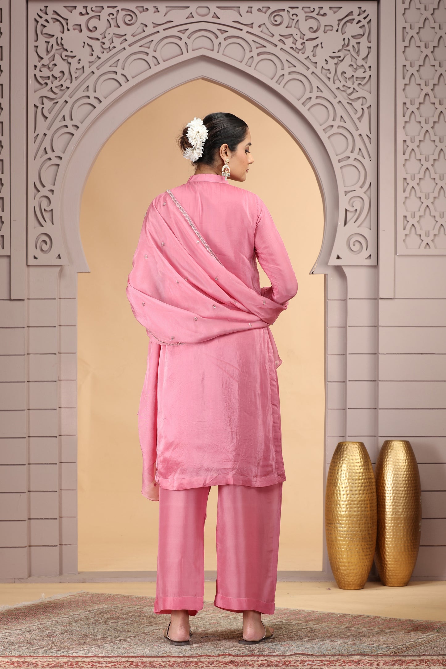 Charming Pink Satin Silk Embroidered Salwar Suit with Matching Dupatta
