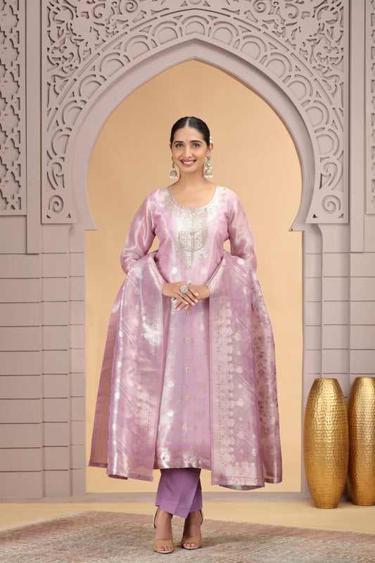 Elegant Pink Organza Printed Readymade Salwar Suit with Dupatta for Women