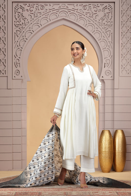 Beautiful Off White Chiffon Readymade Salwar Suit with Printed Dupatta for Women