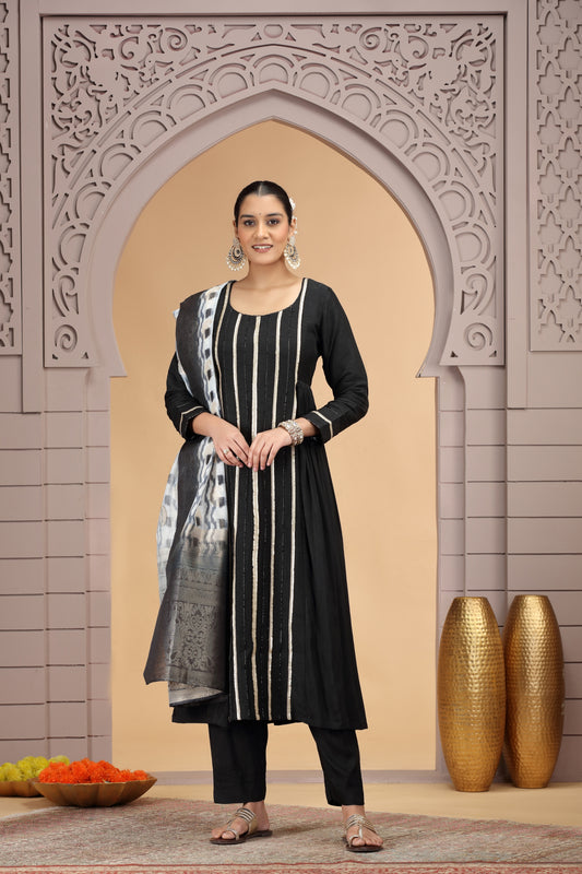 Glorious Black Chiffon Readymade Salwar Suit with Printed Dupatta for Women