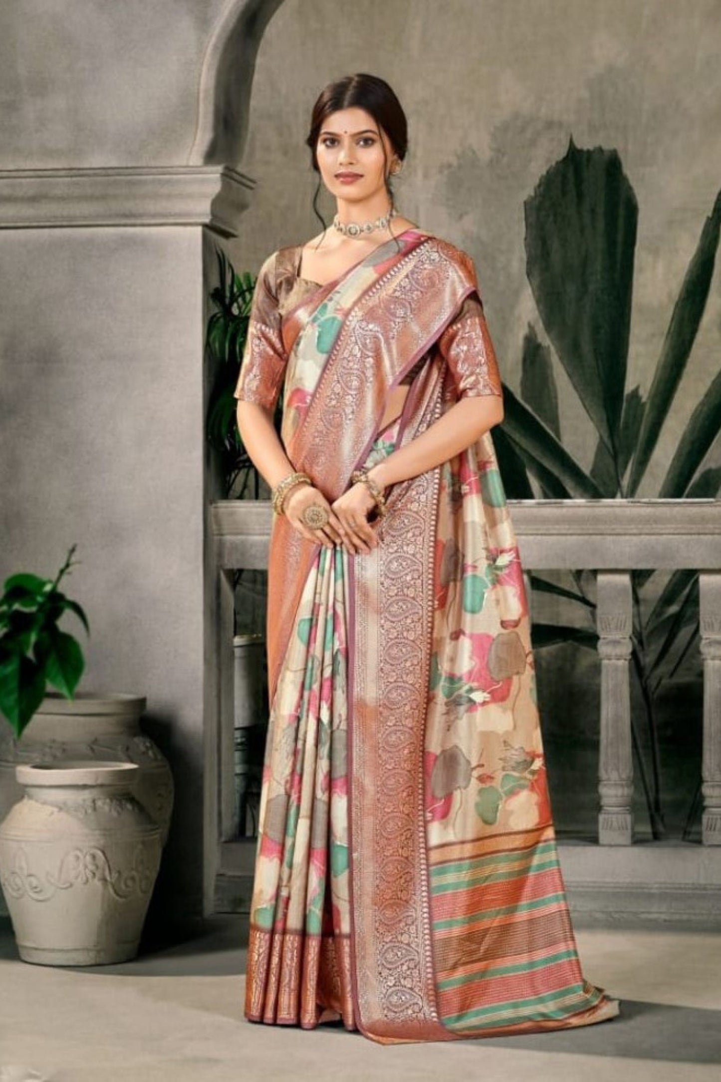 Elegant Beige Banarasi Silk Saree Wedding Festive Wear