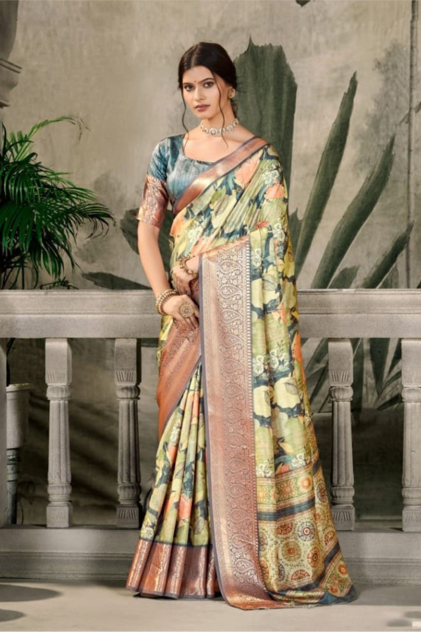 Designer Multicolor Banarasi Silk Saree with Rich Copper Zari Border for Wedding