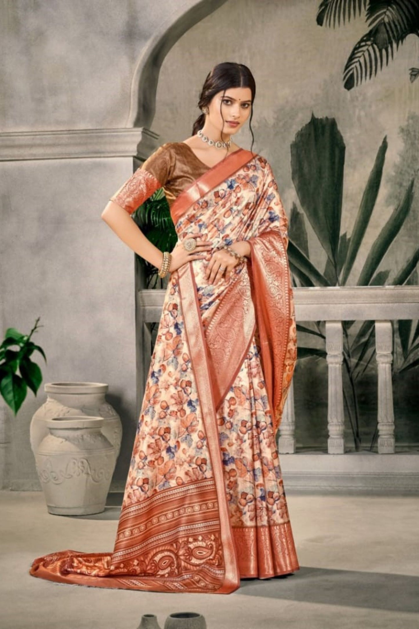 Elegant Cream Banarasi Silk Saree Copper Zari Border Wedding