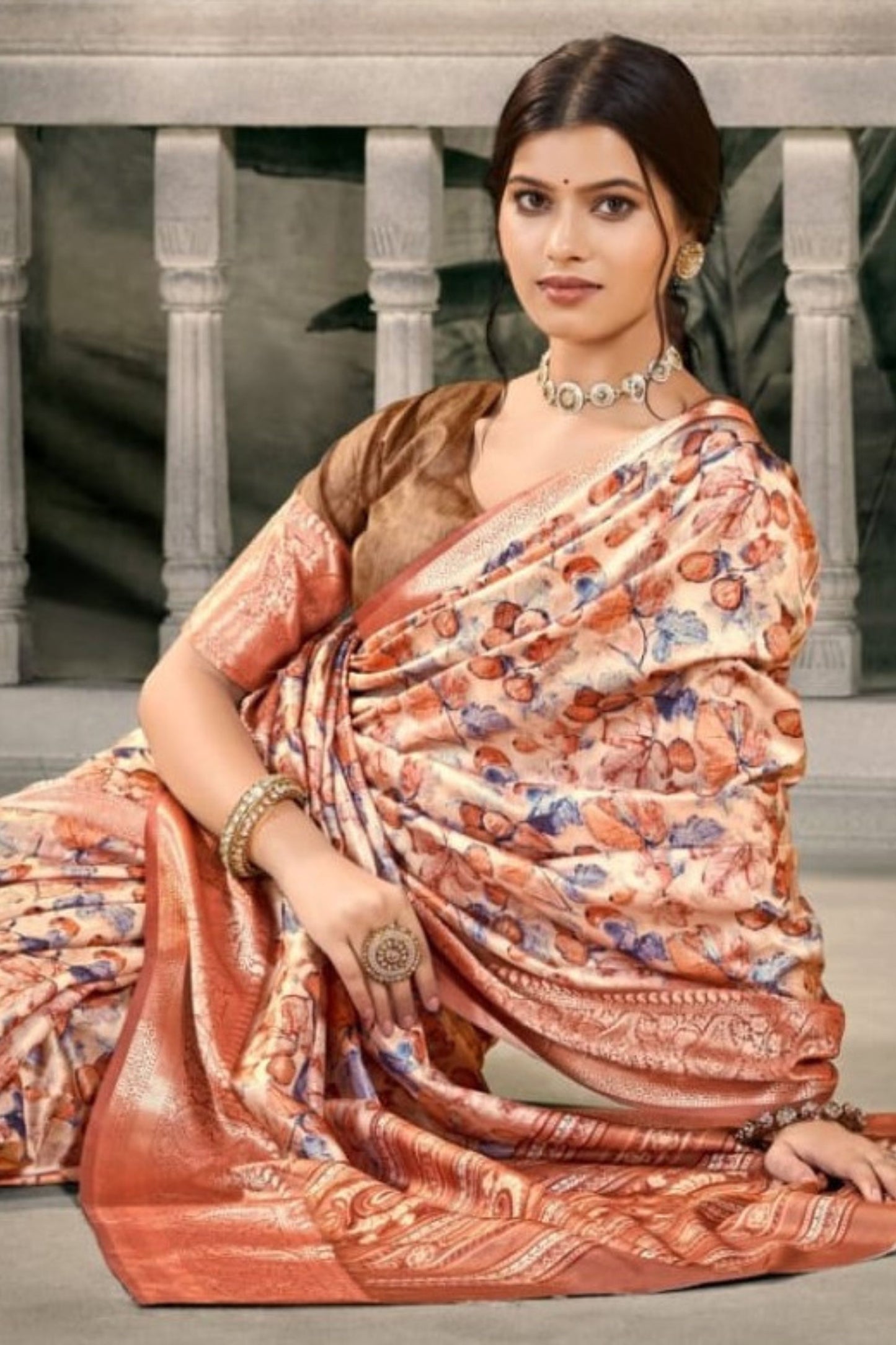 Elegant Cream Banarasi Silk Saree Copper Zari Border Wedding