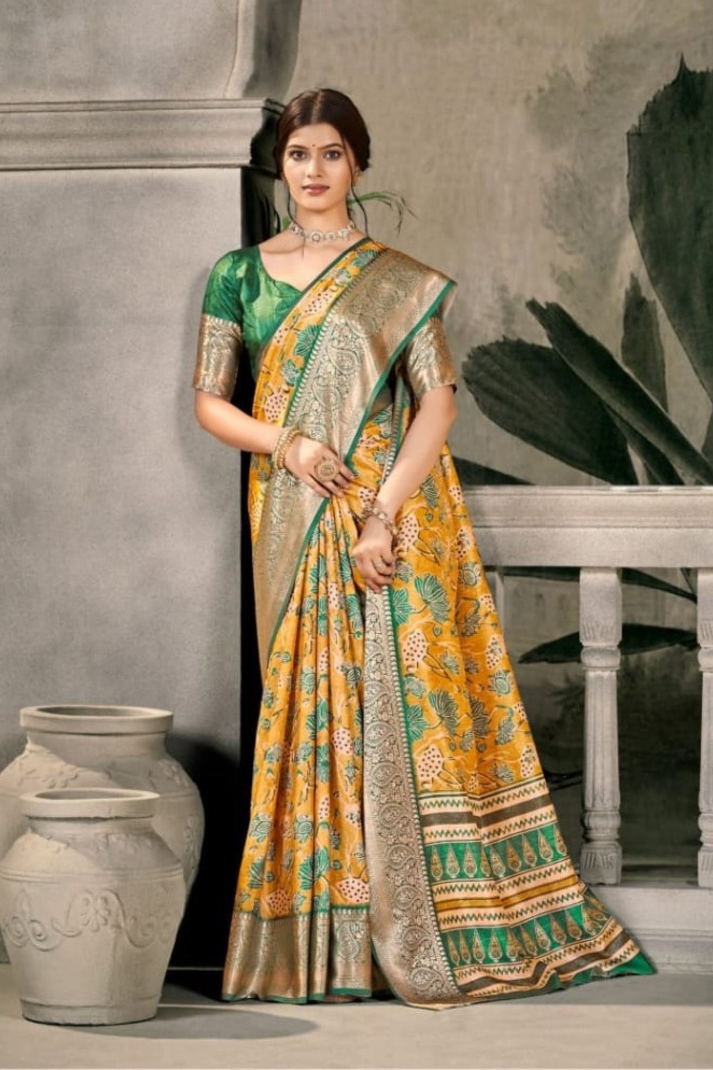 Yellow Banarasi Silk Saree with Green Floral Print for Wedding Festive Wear