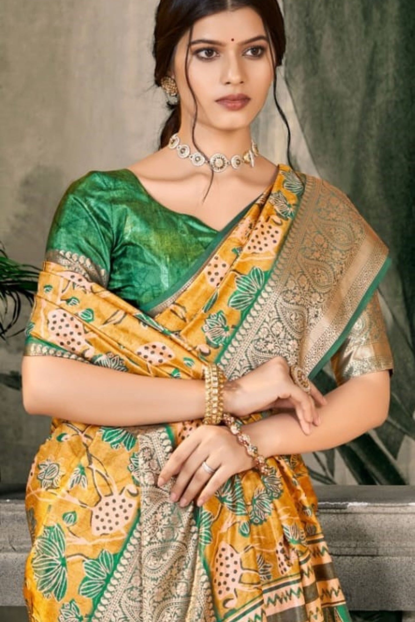 Yellow Banarasi Silk Saree with Green Floral Print for Wedding Festive Wear