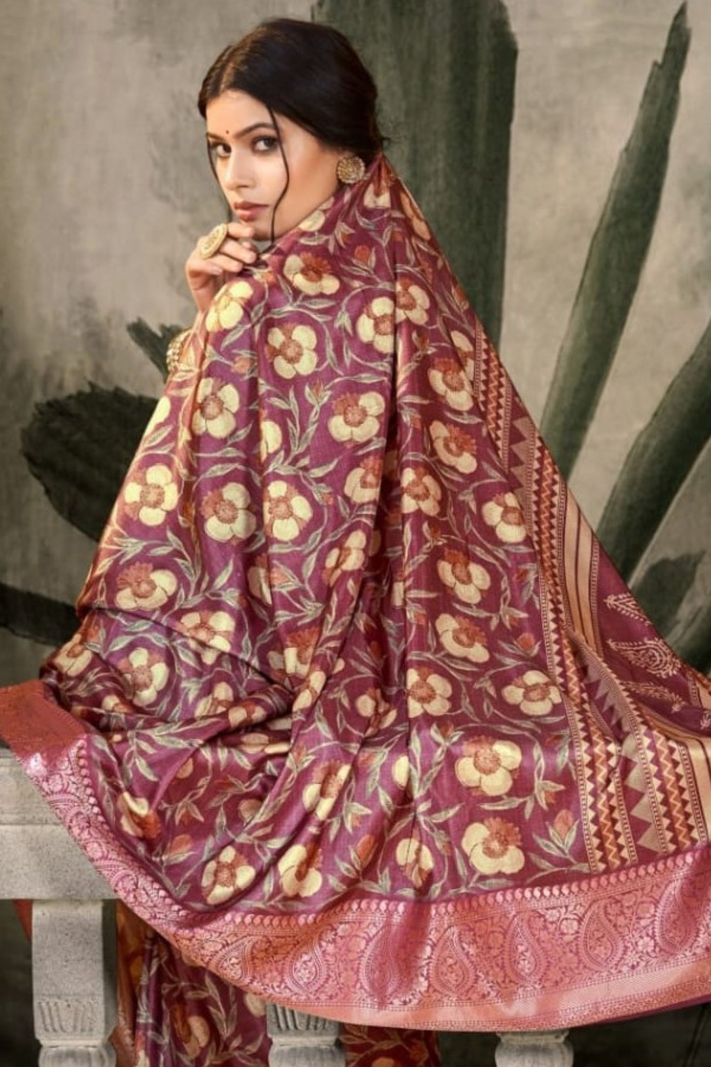 Maroon Banarasi Silk Saree with Golden Floral Weaving for Wedding Festive Wear