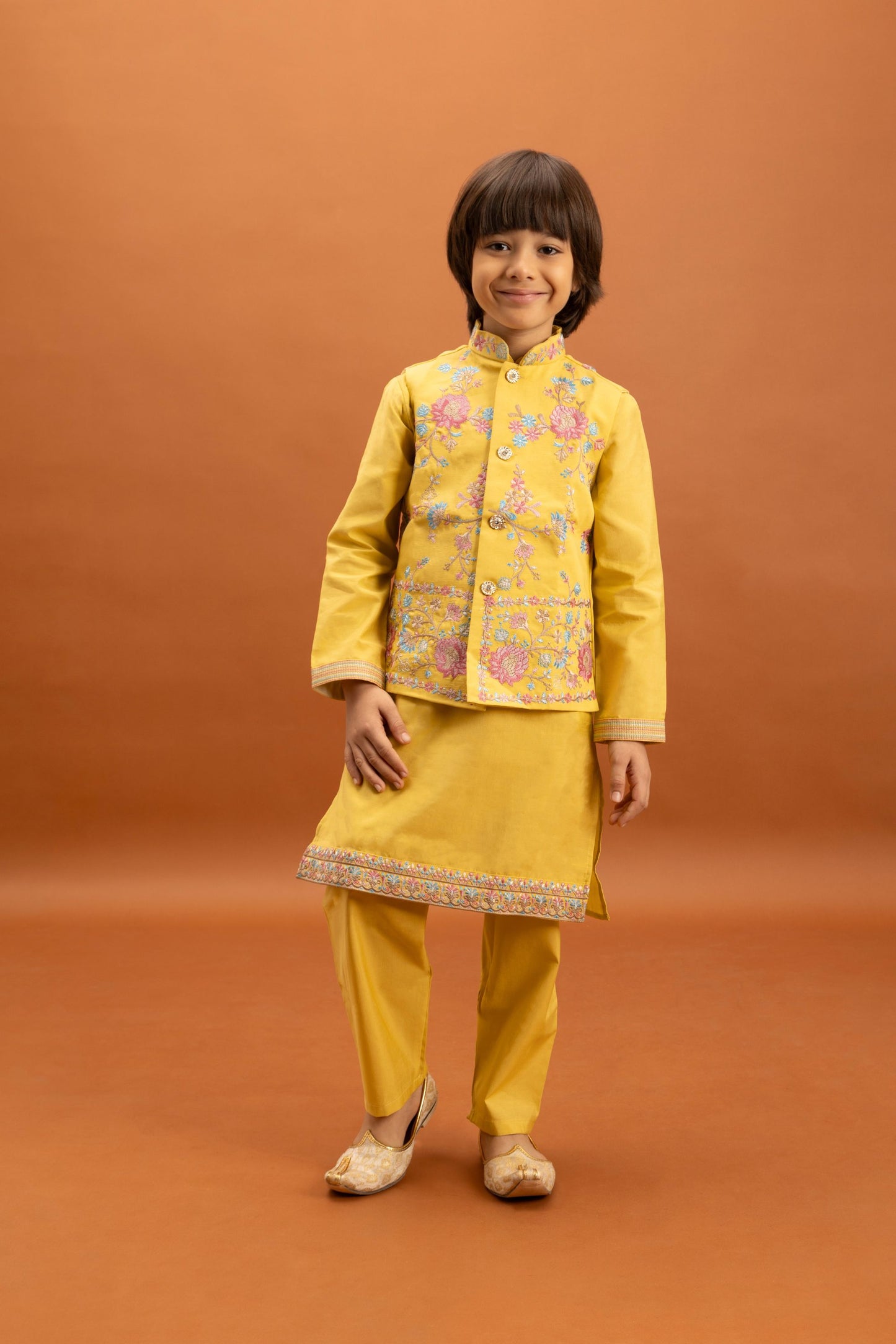 Charming Mustard Yellow Viscose Silk Embroidered Kurta Set with Floral Nehru Jacket