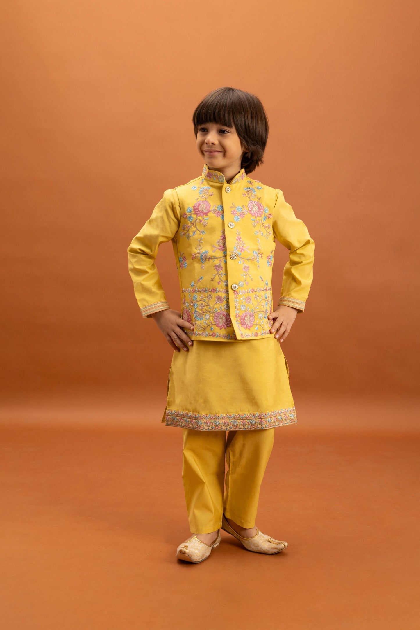 Charming Mustard Yellow Viscose Silk Embroidered Kurta Set with Floral Nehru Jacket