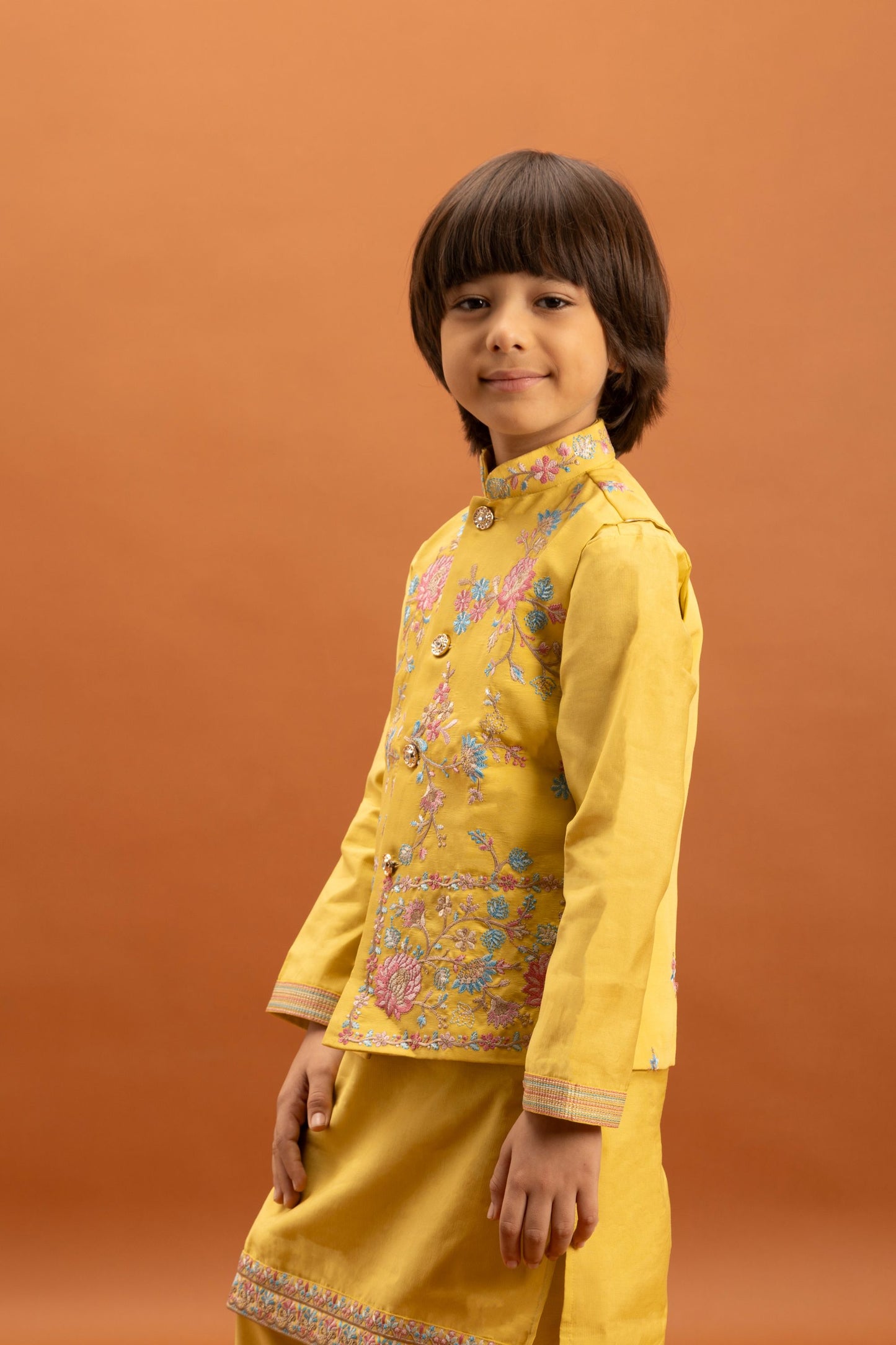Charming Mustard Yellow Viscose Silk Embroidered Kurta Set with Floral Nehru Jacket