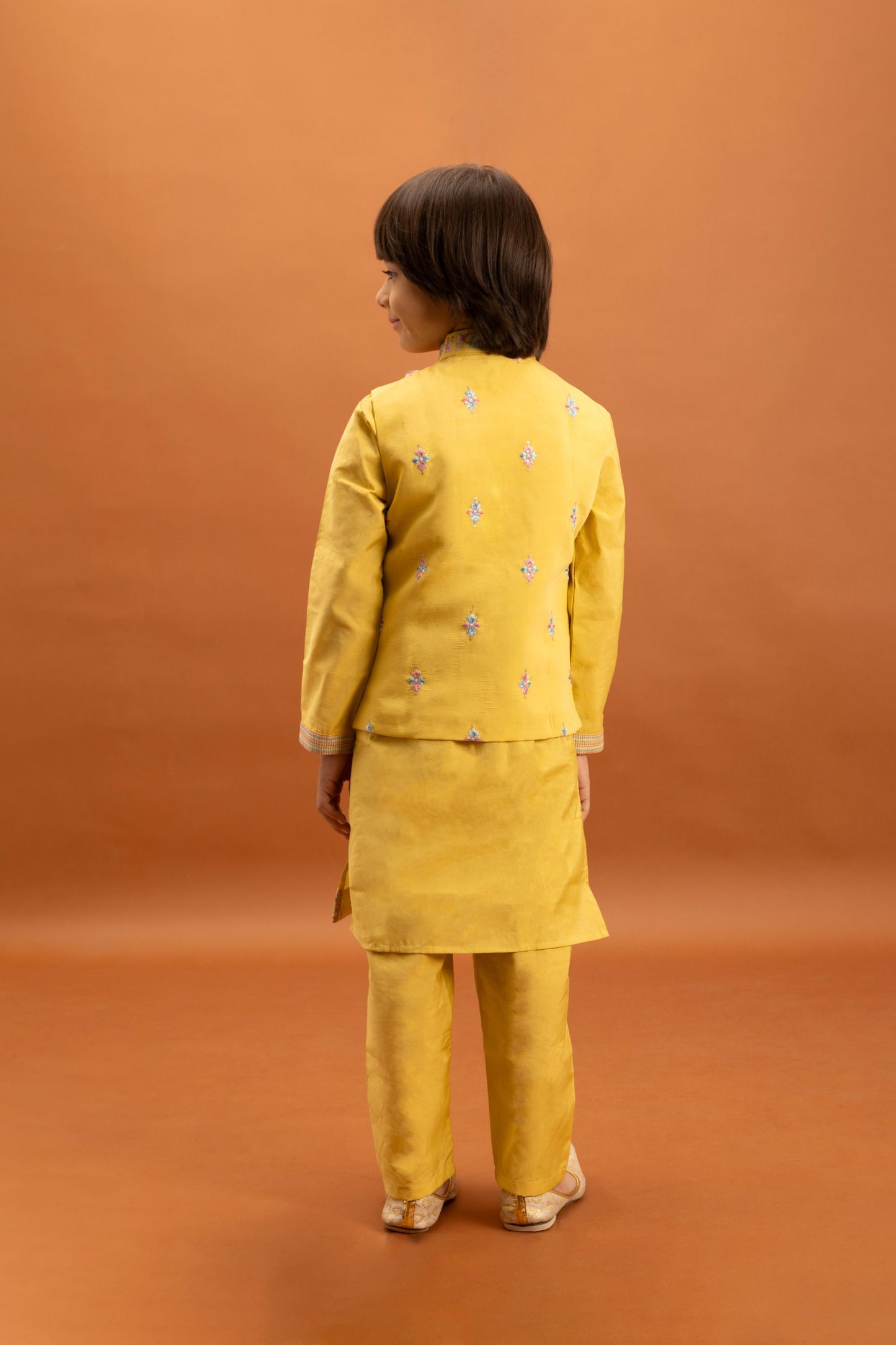 Charming Mustard Yellow Viscose Silk Embroidered Kurta Set with Floral Nehru Jacket