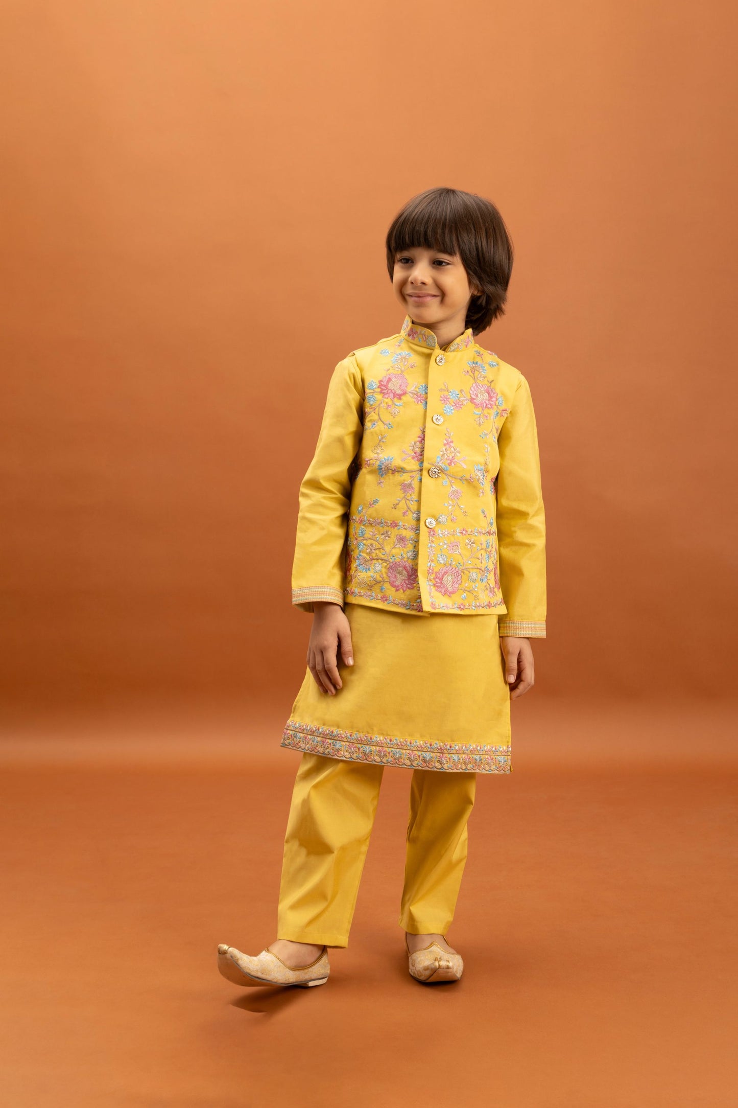 Charming Mustard Yellow Viscose Silk Embroidered Kurta Set with Floral Nehru Jacket