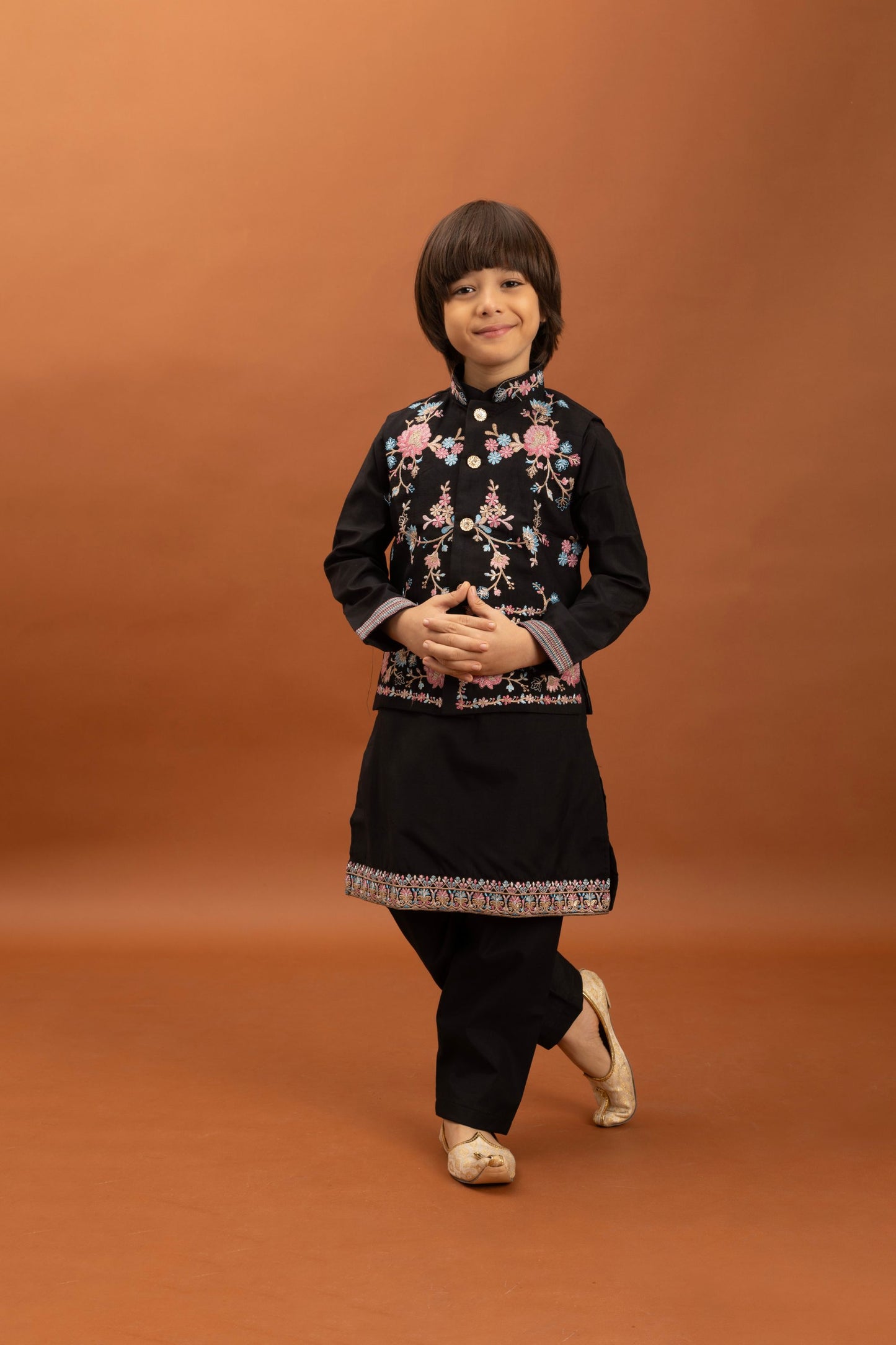 Stylish Black Viscose Silk Embroidered Kurta Set with Floral Nehru Jacket