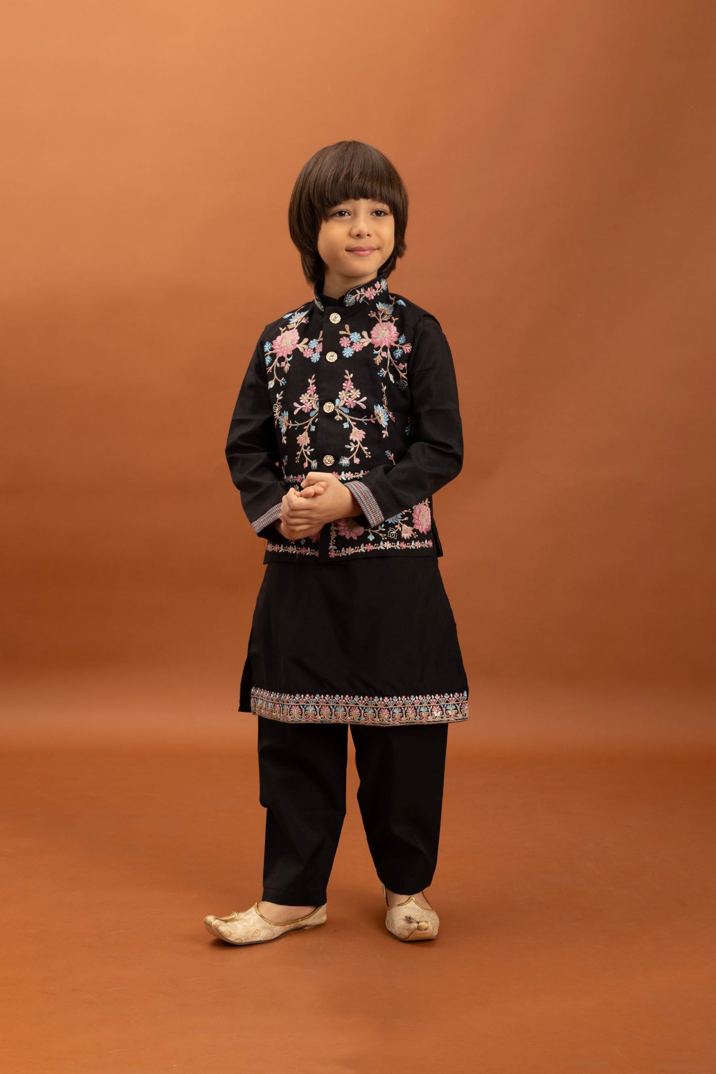 Stylish Black Viscose Silk Embroidered Kurta Set with Floral Nehru Jacket