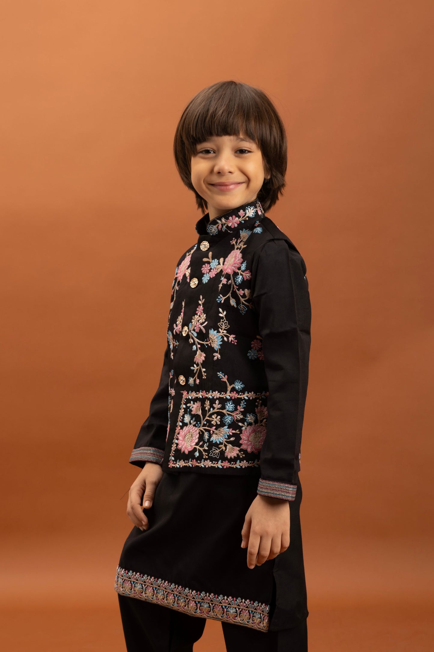 Stylish Black Viscose Silk Embroidered Kurta Set with Floral Nehru Jacket