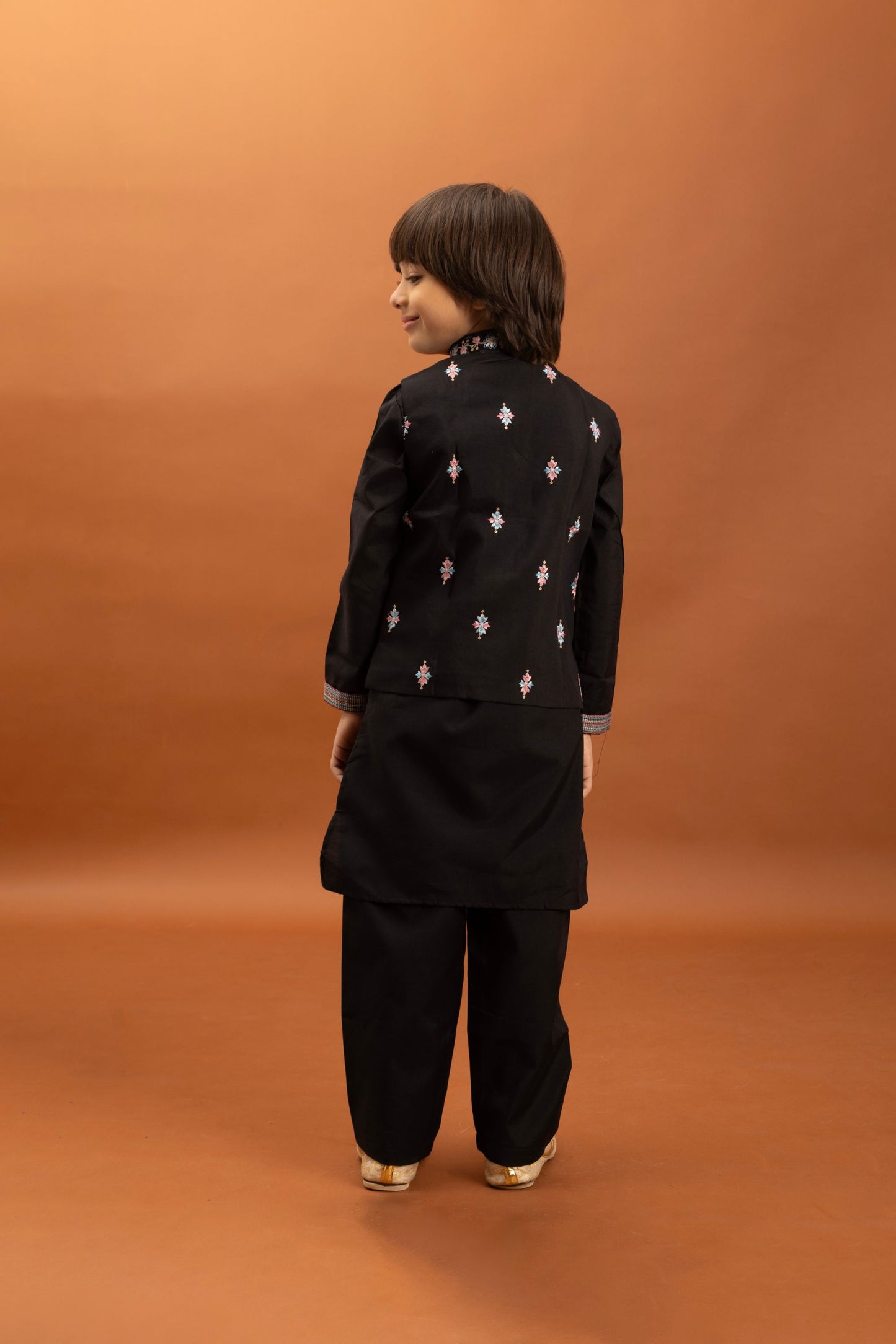 Stylish Black Viscose Silk Embroidered Kurta Set with Floral Nehru Jacket