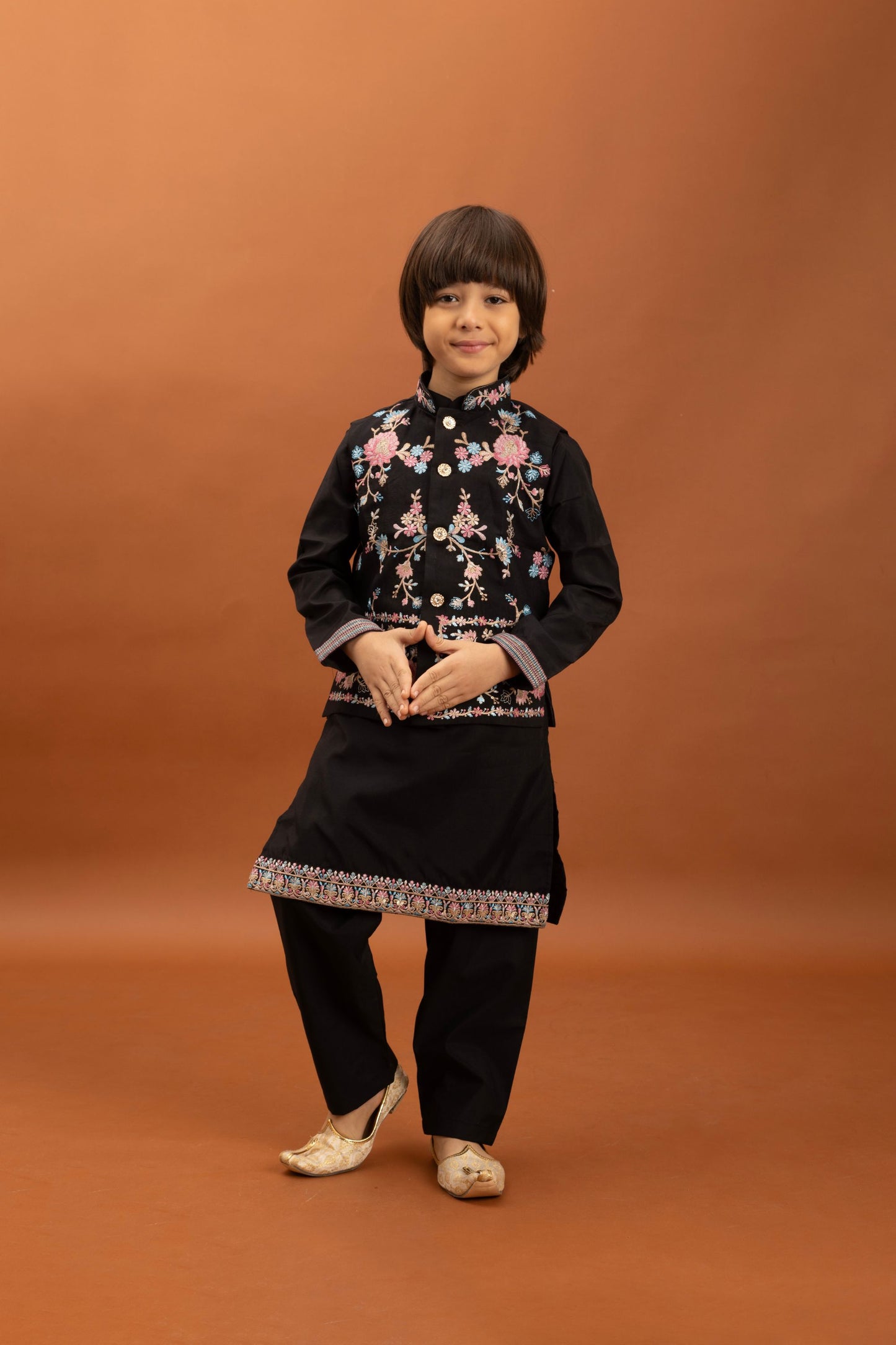 Stylish Black Viscose Silk Embroidered Kurta Set with Floral Nehru Jacket