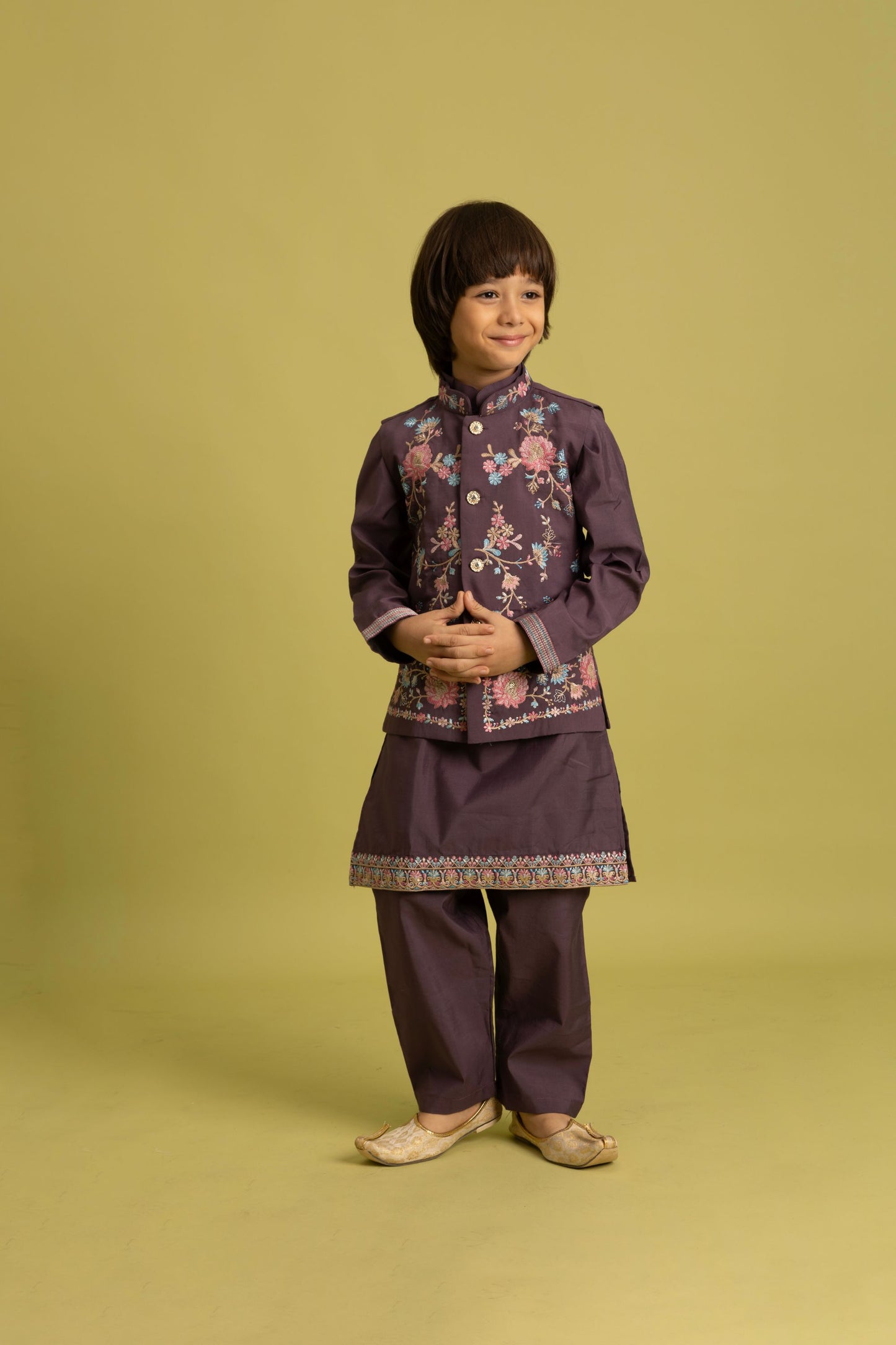 Lovely Purple Viscose Silk Embroidered Kurta Set with Floral Nehru Jacket
