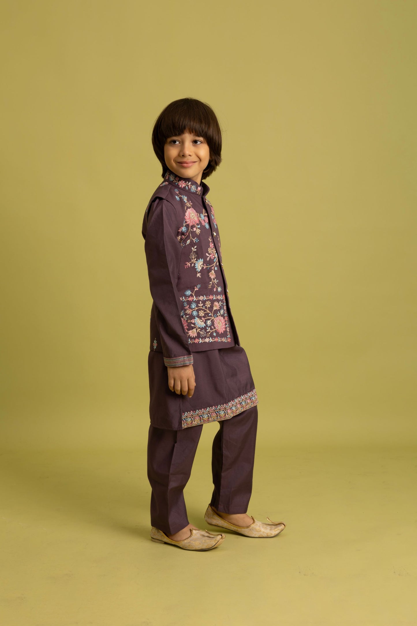 Lovely Purple Viscose Silk Embroidered Kurta Set with Floral Nehru Jacket