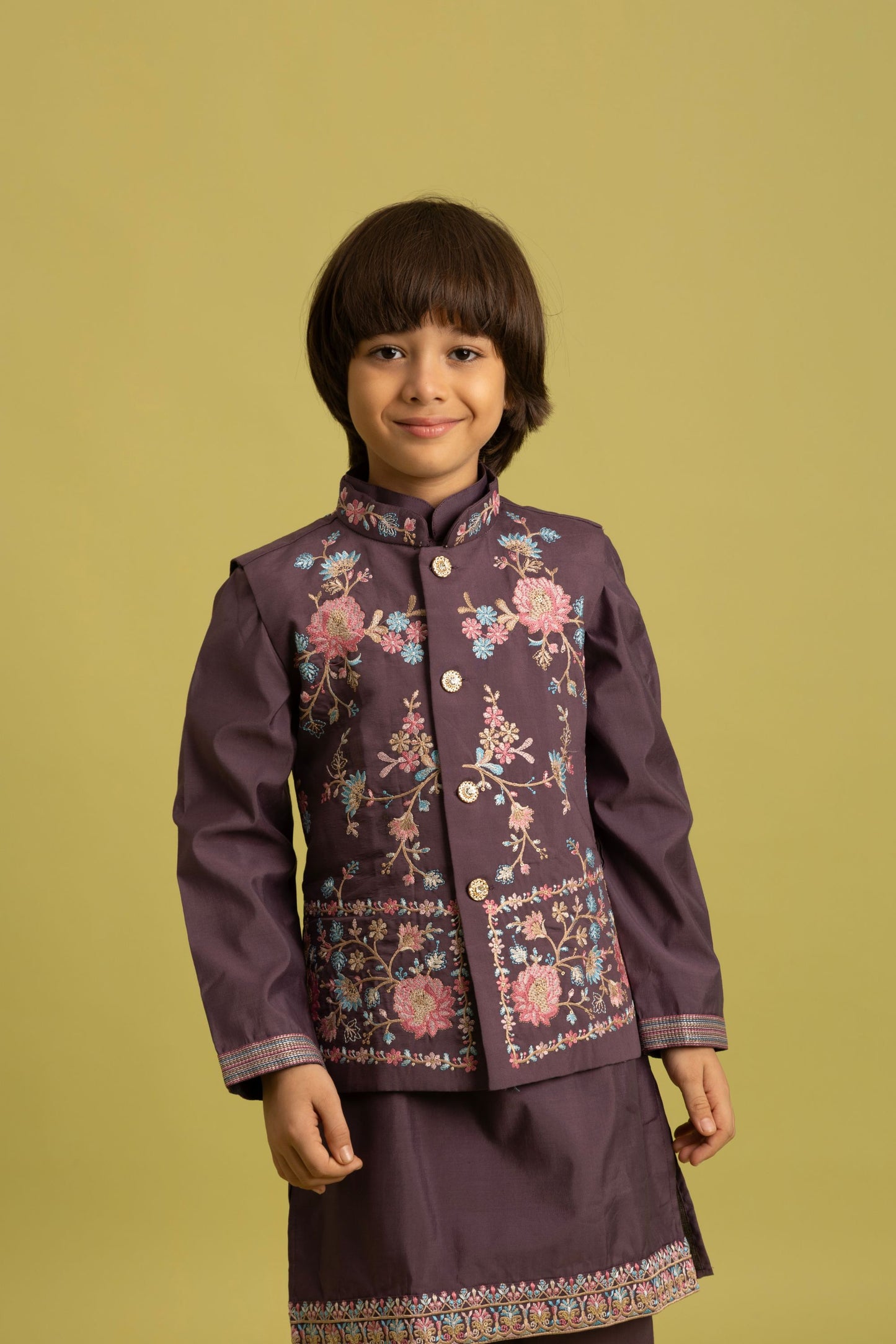 Lovely Purple Viscose Silk Embroidered Kurta Set with Floral Nehru Jacket