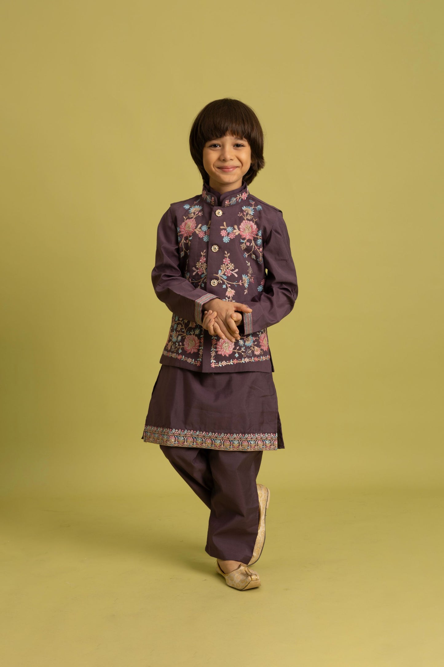 Lovely Purple Viscose Silk Embroidered Kurta Set with Floral Nehru Jacket
