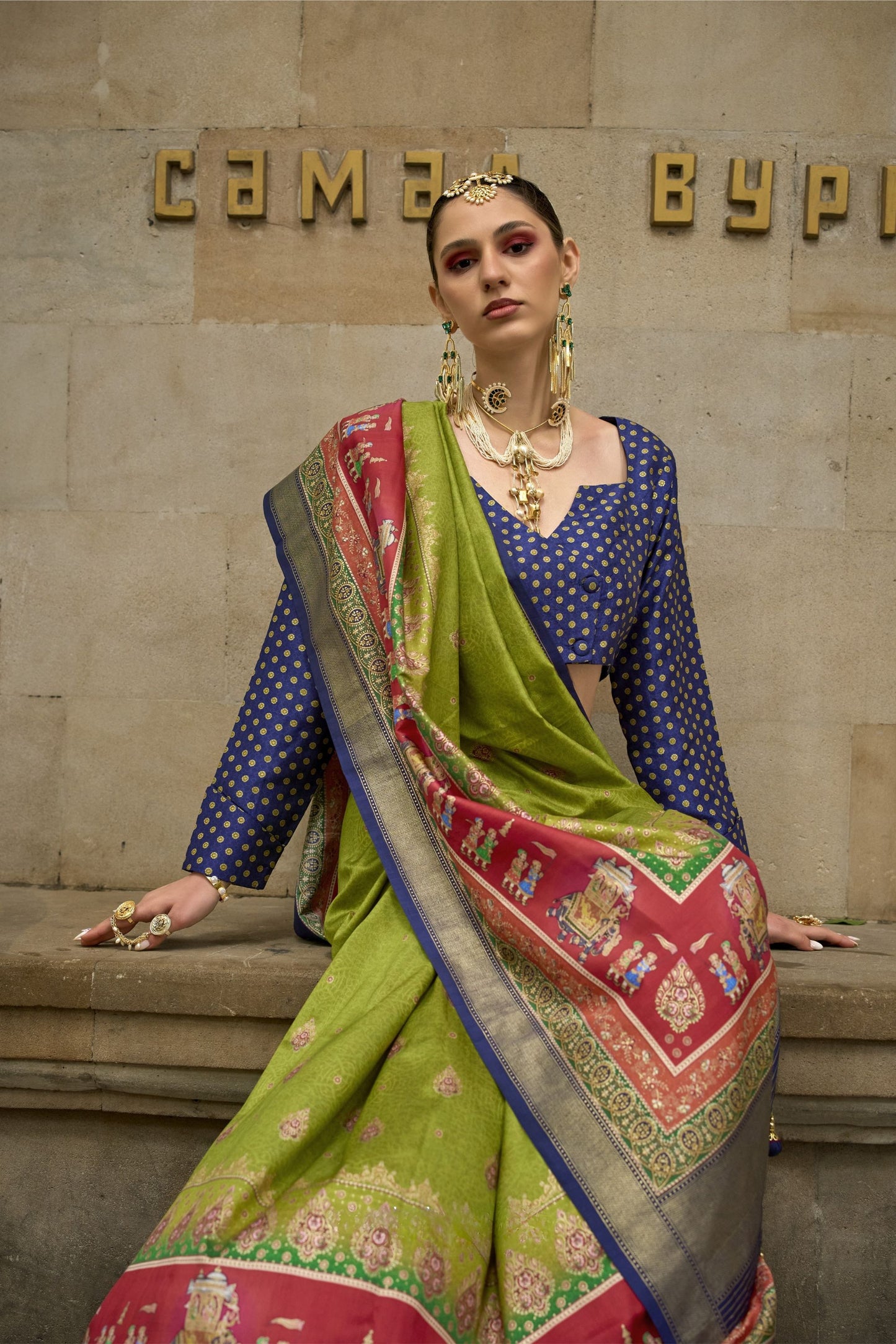 Traditional Green Banarasi Silk Saree with Red Pallu Blue Blouse