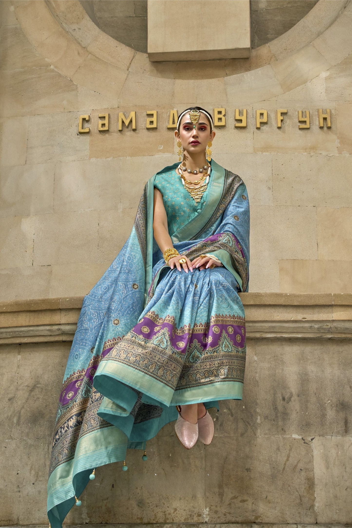 Designer Blue Banarasi Silk Saree with Purple Pallu Teal Blouse