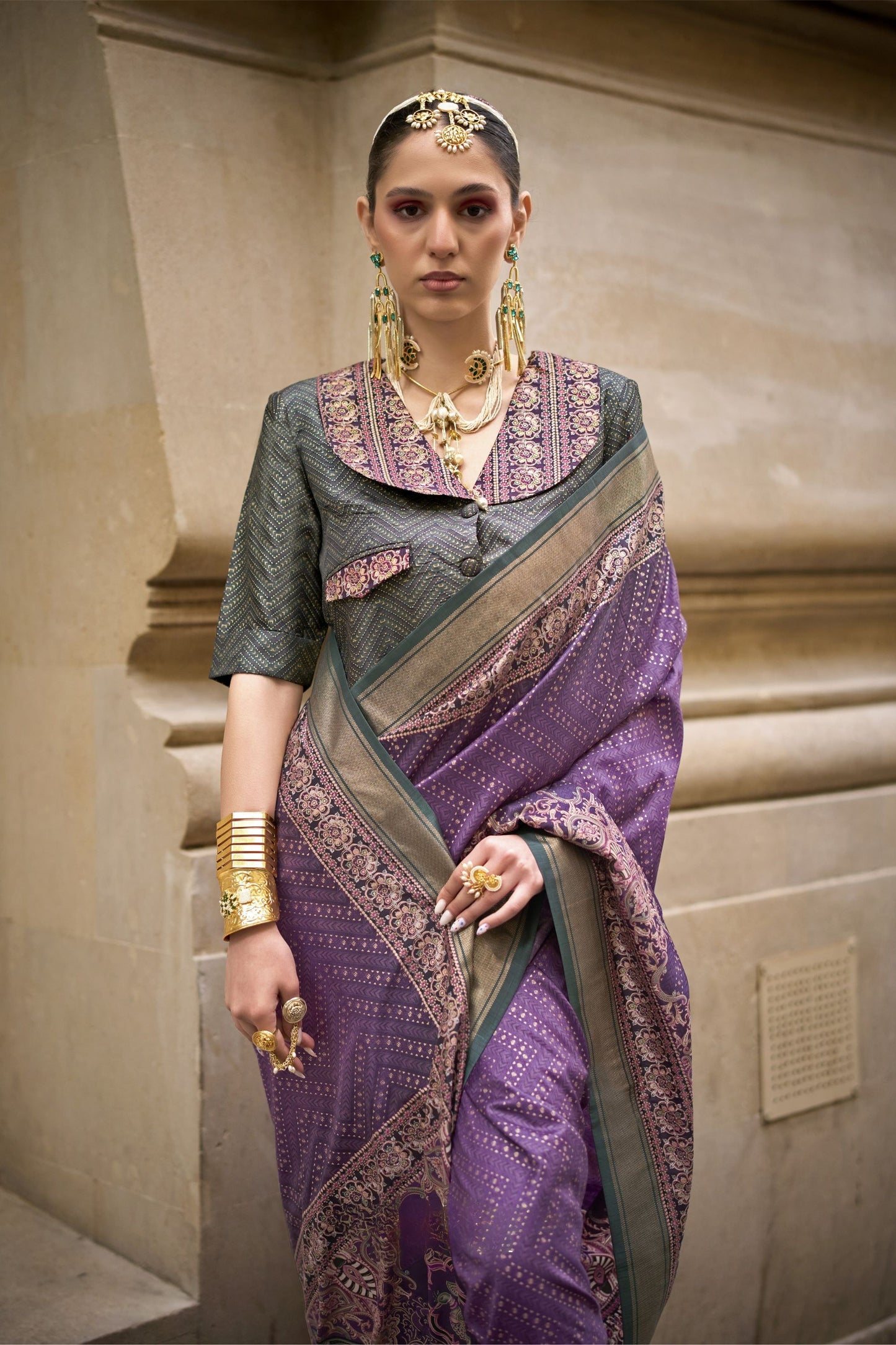 Designer Purple Banarasi Silk Saree with Green Blouse Festive Occasions