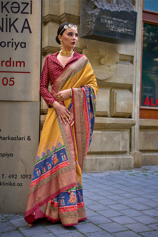Designer Mustard Yellow Pochampally Silk Saree with Maroon Blouse