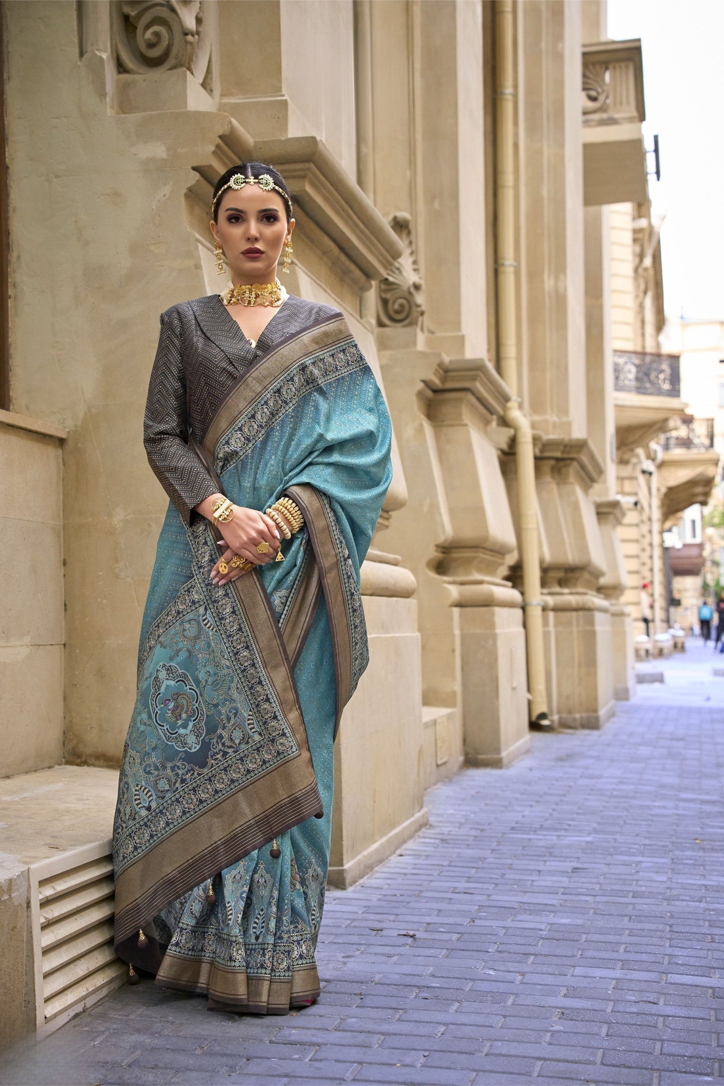 Teal Blue Banarasi Silk Saree with Antique Rich Pallu