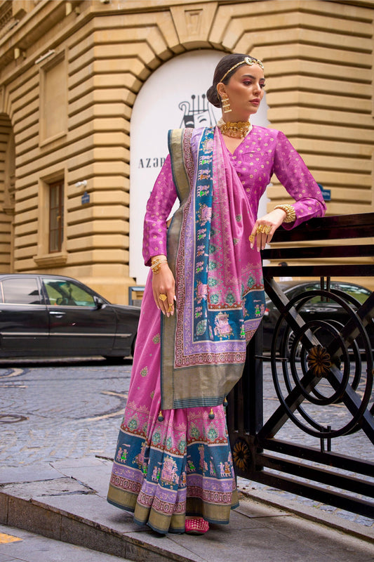 Pink Banarasi Silk Saree with Royal Blue Pallu Festive Wear