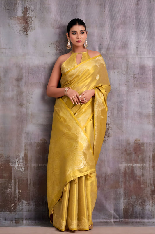 Exclusive Mustard Yellow Tissue Silk Zari Work Saree for Wedding