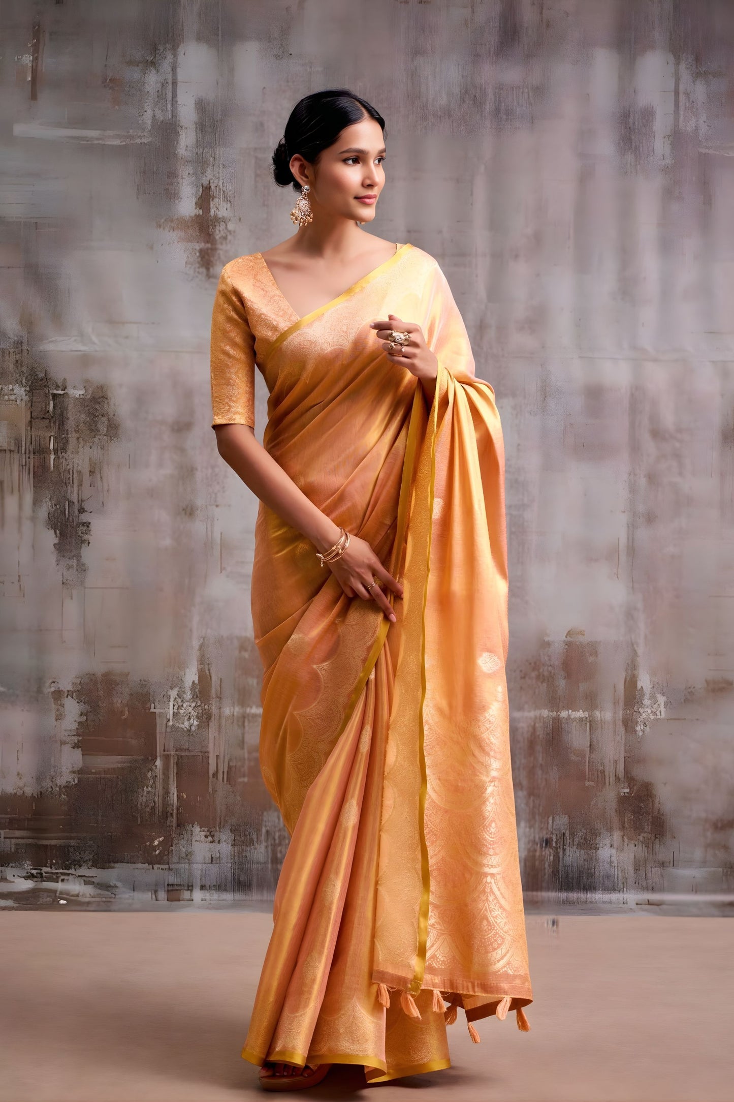 Beautiful Peach Tissue Silk Zari Work Saree for Wedding
