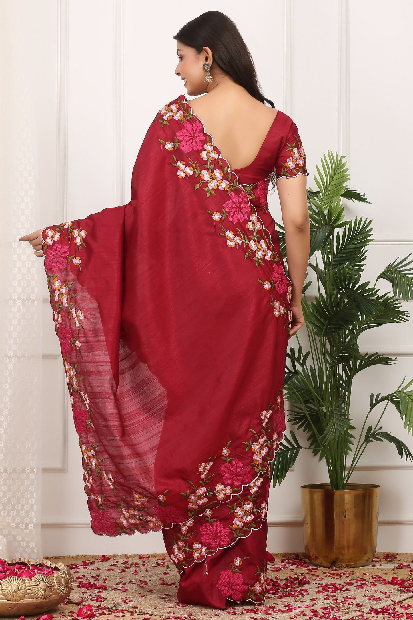 Red Silk Saree with Floral Embroidery Border Designer Blouse