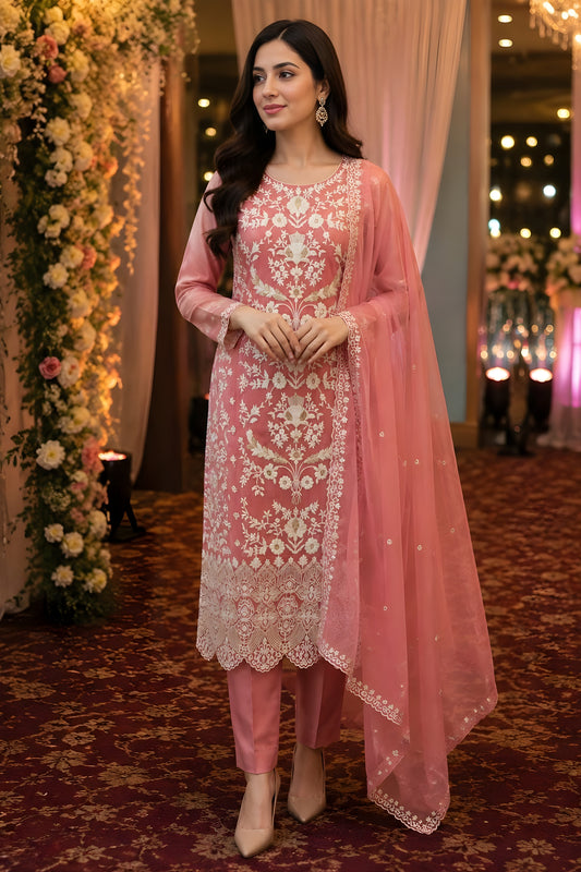 Elegant Pink Organza Embroidered Palazzo Suit with Designer Dupatta for Wedding Wear