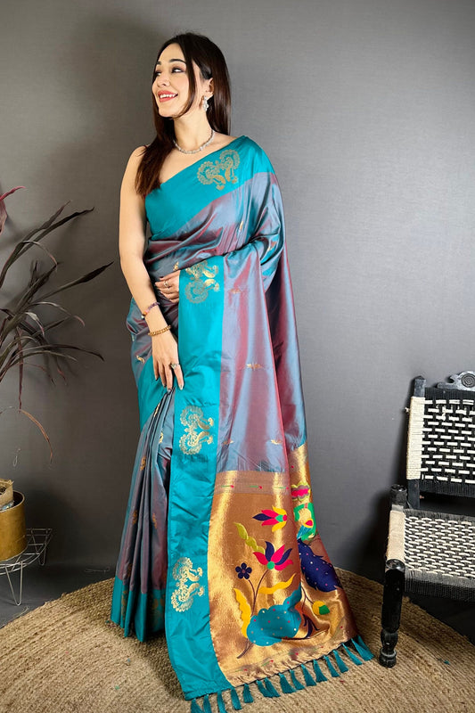 Teal Blue Soft Silk Saree with Contrast Designer Pallu and Zari Work