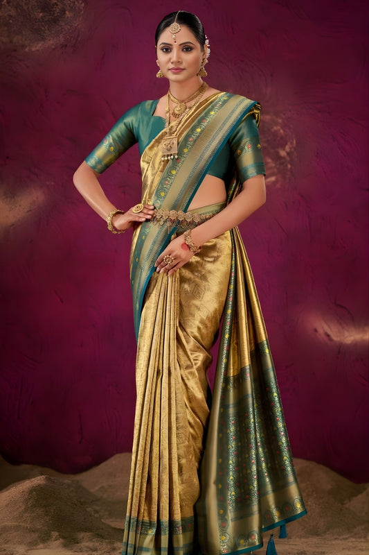 Traditional Gold Teal Green Kanjivaram Silk Saree with Rich Zari Border