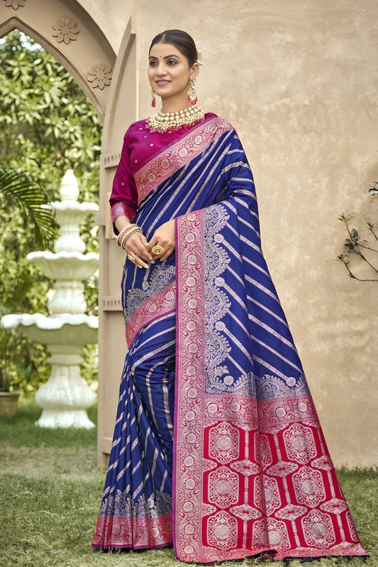 Royal Blue Banarasi Silk Saree Red Zari Border Traditional Saree
