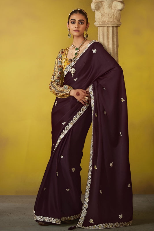 Wine Purple Georgette Saree Embroidered Border Designer Blouse