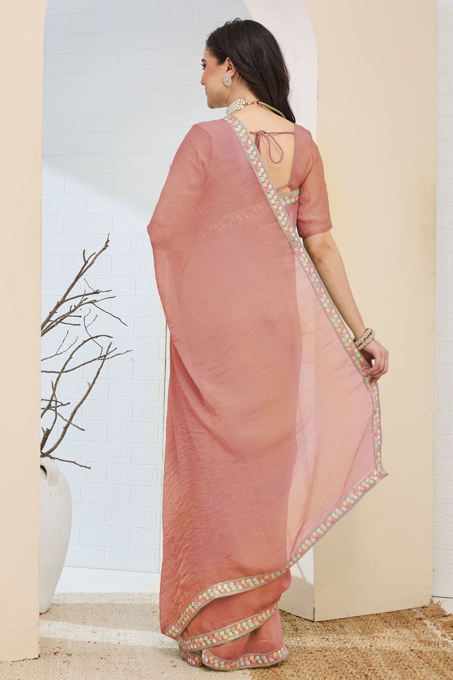 Peach Designer Saree Multicolor Embroidered Border Ready To Wear